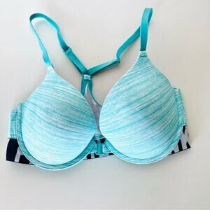 VS VICTORIAS SECRET Pink Turquoise Strappy Stripe Open Back Underwire Bra 34D